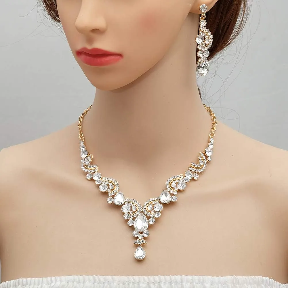 CSY Elegant Crystal Bridal Necklace Earrings Set Rhinestone Wedding Party Costume Jewelry Sets for Brides Bridesmaid Women