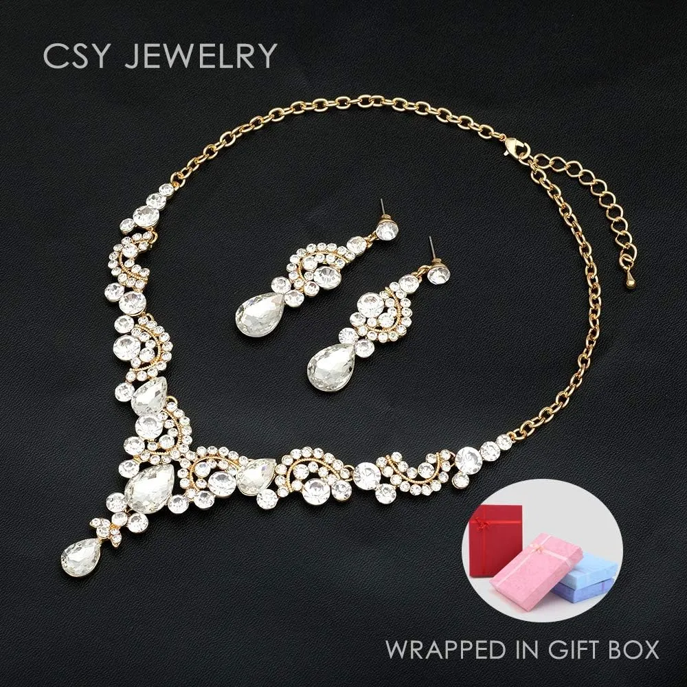CSY Elegant Crystal Bridal Necklace Earrings Set Rhinestone Wedding Party Costume Jewelry Sets for Brides Bridesmaid Women