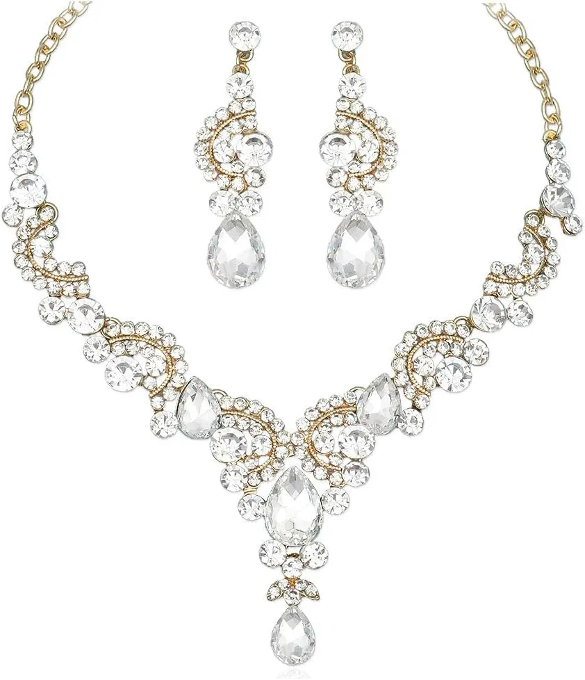 CSY Elegant Crystal Bridal Necklace Earrings Set Rhinestone Wedding Party Costume Jewelry Sets for Brides Bridesmaid Women