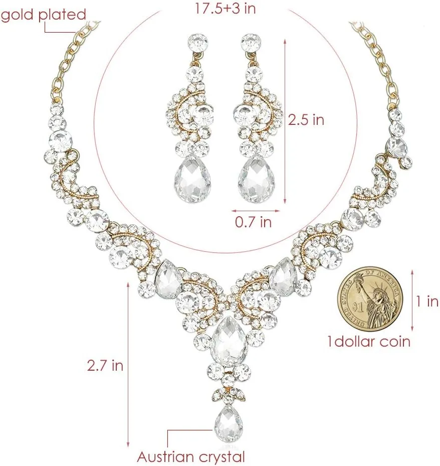 CSY Elegant Crystal Bridal Necklace Earrings Set Rhinestone Wedding Party Costume Jewelry Sets for Brides Bridesmaid Women