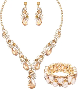 CSY Women's Elegant Bridal Necklace Earrings Stretch Bangle Bracelsts Set for Bride Bridesmaid Wedding Teardrop Crystal Costume Jewelry Sets