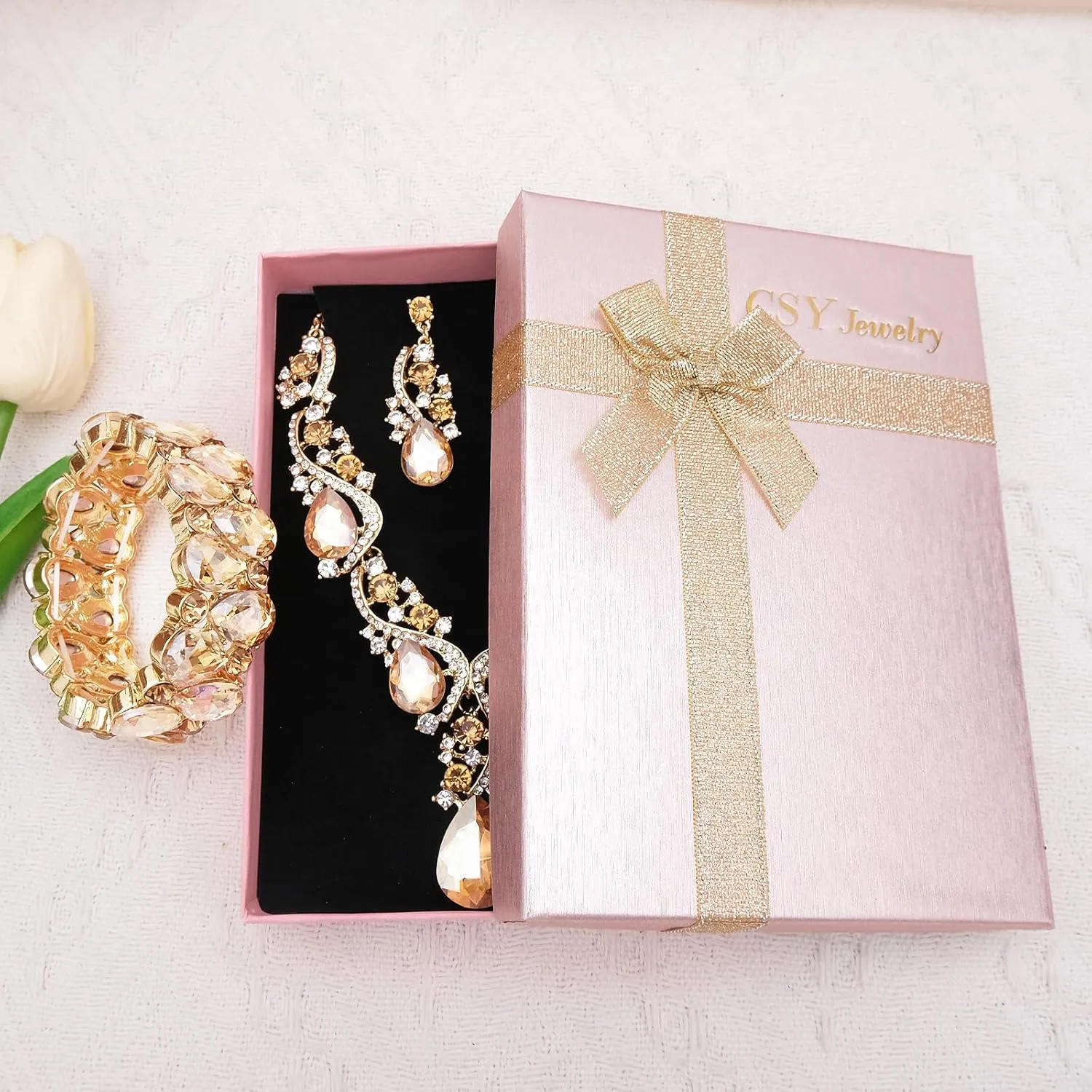 CSY Women's Elegant Bridal Necklace Earrings Stretch Bangle Bracelsts Set for Bride Bridesmaid Wedding Teardrop Crystal Costume Jewelry Sets