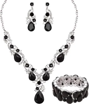 CSY Women's Elegant Bridal Necklace Earrings Stretch Bangle Set for Bride Bridesmaid Wedding Costume Jewelry Sets (black crystal - platinum tone)