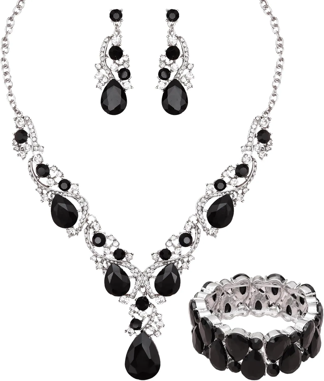 CSY Women's Elegant Bridal Necklace Earrings Stretch Bangle Set for Bride Bridesmaid Wedding Costume Jewelry Sets (black crystal - platinum tone)