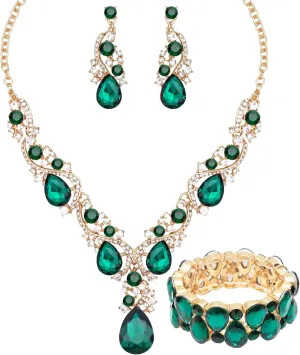CSY Women's Elegant Bridal Necklace Earrings Stretch Bangle Set for Bride Bridesmaid Wedding Costume Jewelry Sets (emerald green-gold tone)
