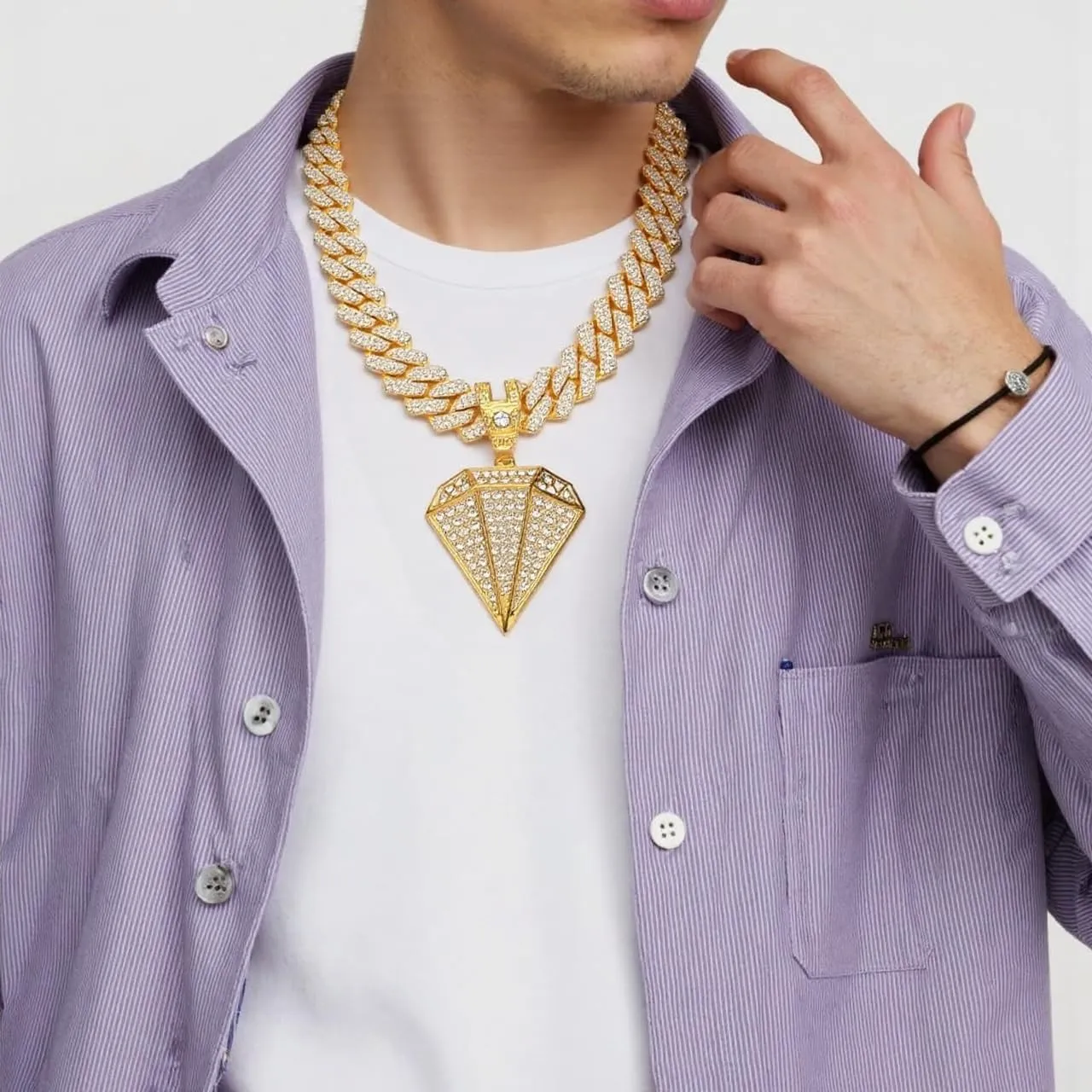Cuban chain necklace Silver/gold Cuban chain, three-dimensional triangular diamond, 18k gold and silver diamond cut stainless steel chain, full diamond pendant,cuban link chain for women,diamond cuban chain