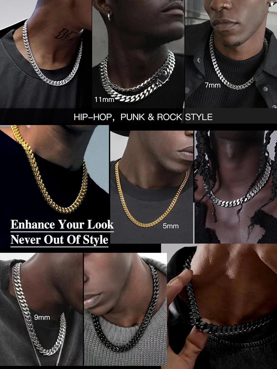 Cuban Chain Stainless Steel Necklace for Men Women, 5/7/9/11MM Width, 18K Gold/Black Metal/316L Stainless Steel Sturdy Curb Link Chain Necklaces, 18-30inch Length