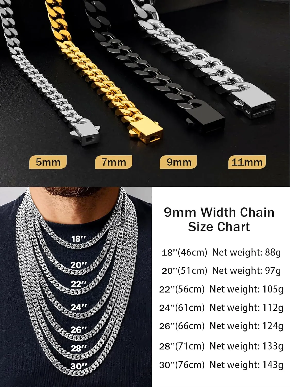 Cuban Chain Stainless Steel Necklace for Men Women, 5/7/9/11MM Width, 18K Gold/Black Metal/316L Stainless Steel Sturdy Curb Link Chain Necklaces, 18-30inch Length