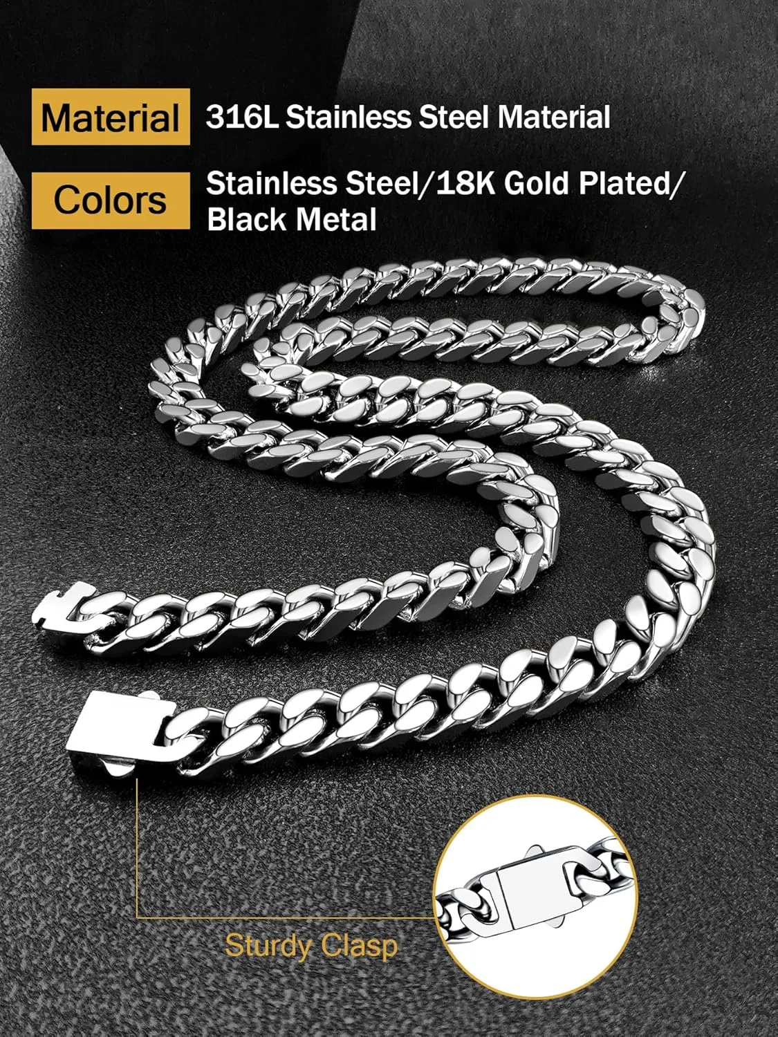 Cuban Chain Stainless Steel Necklace for Men Women, 5/7/9/11MM Width, 18K Gold/Black Metal/316L Stainless Steel Sturdy Curb Link Chain Necklaces, 18-30inch Length