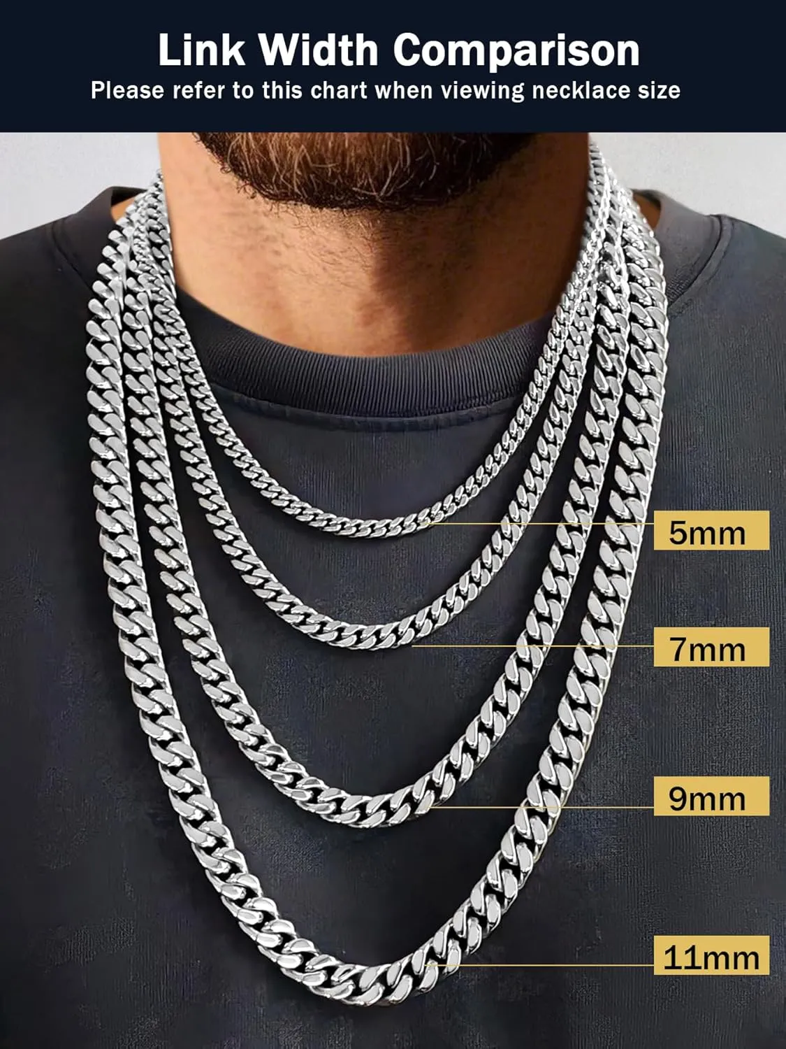 Cuban Chain Stainless Steel Necklace for Men Women, 5/7/9/11MM Width, 18K Gold/Black Metal/316L Stainless Steel Sturdy Curb Link Chain Necklaces, 18-30inch Length