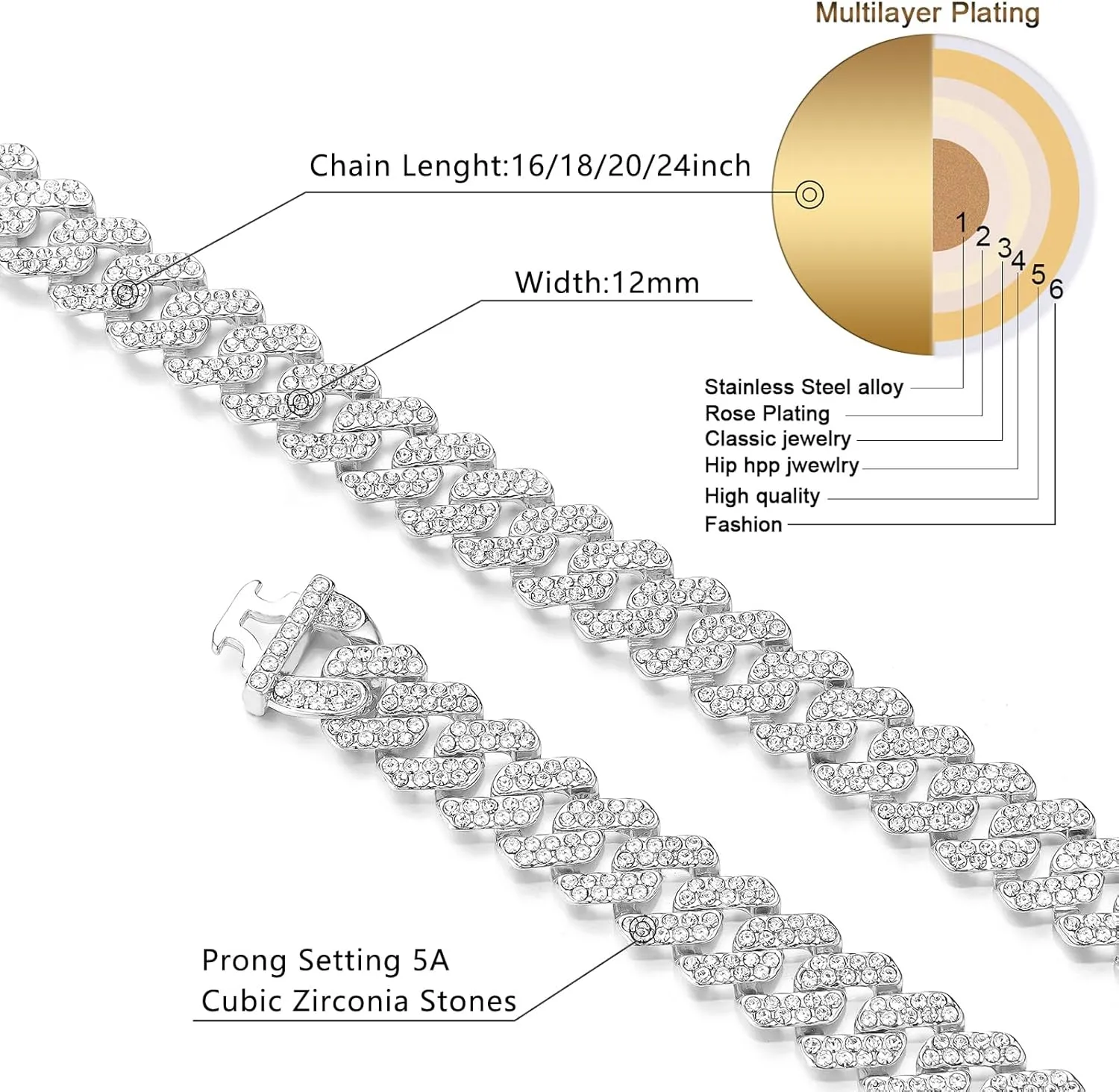 Cuban Link Chain Mens Ice Out Miami Cuban Necklace Silver/Gold Bling Diamond Hip Hop Jewelry for Women
