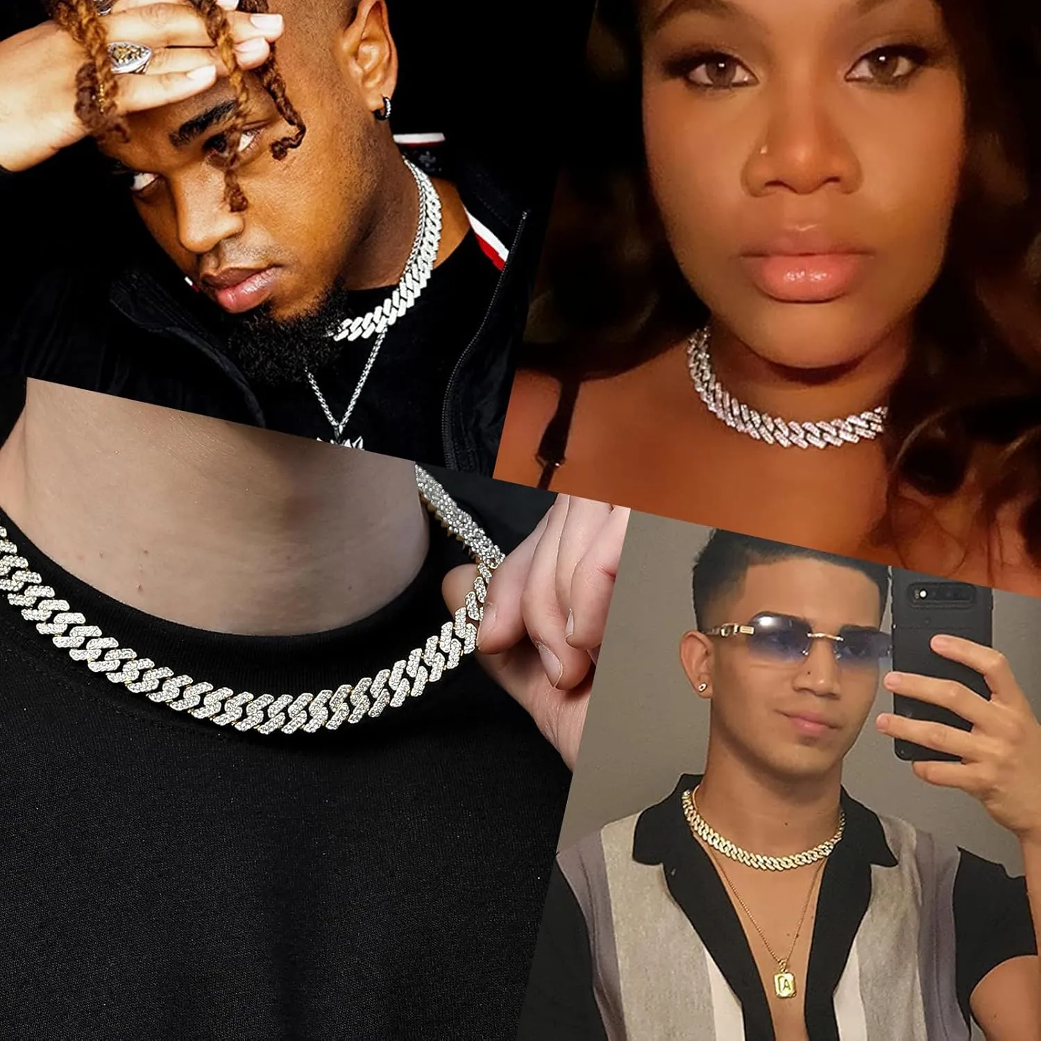 Cuban Link Chain Mens Ice Out Miami Cuban Necklace Silver/Gold Bling Diamond Hip Hop Jewelry for Women
