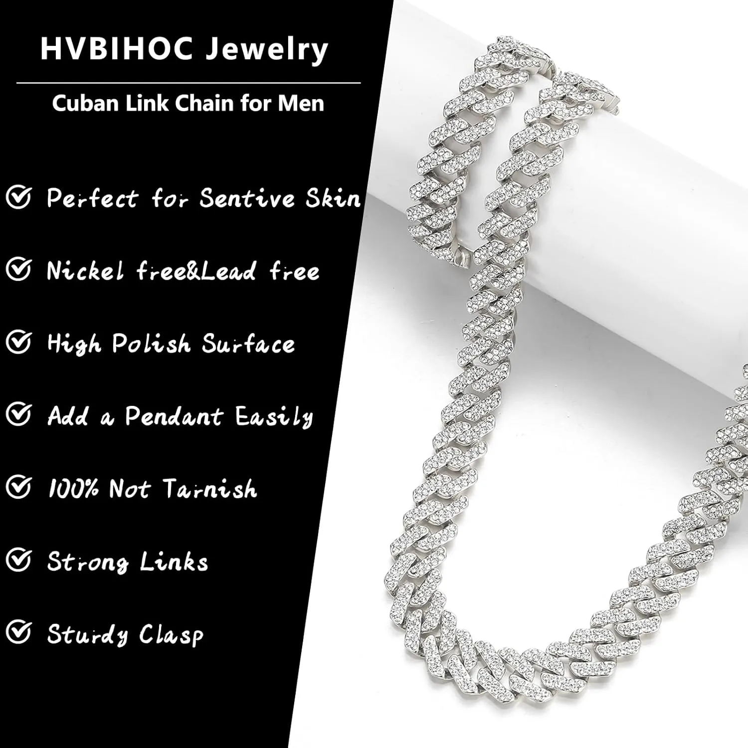 Cuban Link Chain Mens Ice Out Miami Cuban Necklace Silver/Gold Bling Diamond Hip Hop Jewelry for Women