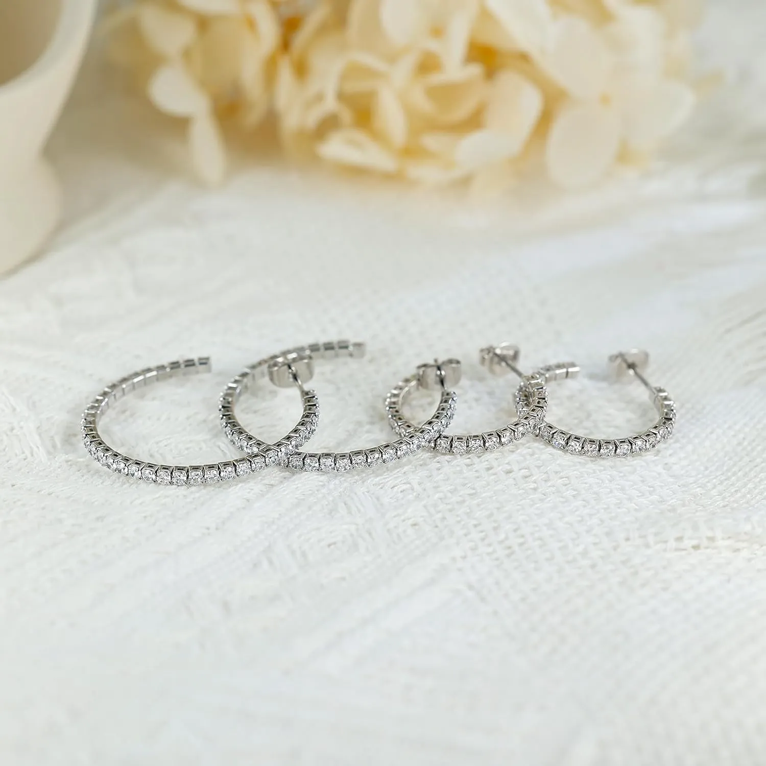 Cubic Zirconia Hoop Earrings for Women and Men, White Gold Plated Sparkling Rhinestone Cuff Earrings 30mm | 40mm