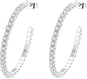 Cubic Zirconia Hoop Earrings for Women and Men, White Gold Plated Sparkling Rhinestone Cuff Earrings 30mm | 40mm