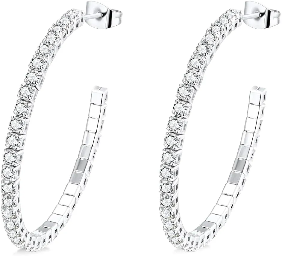 Cubic Zirconia Hoop Earrings for Women and Men, White Gold Plated Sparkling Rhinestone Cuff Earrings 30mm | 40mm