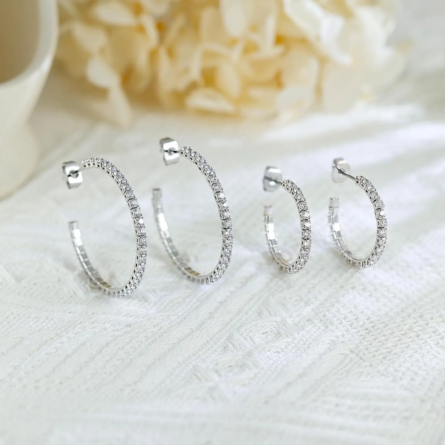Cubic Zirconia Hoop Earrings for Women and Men, White Gold Plated Sparkling Rhinestone Cuff Earrings 30mm | 40mm