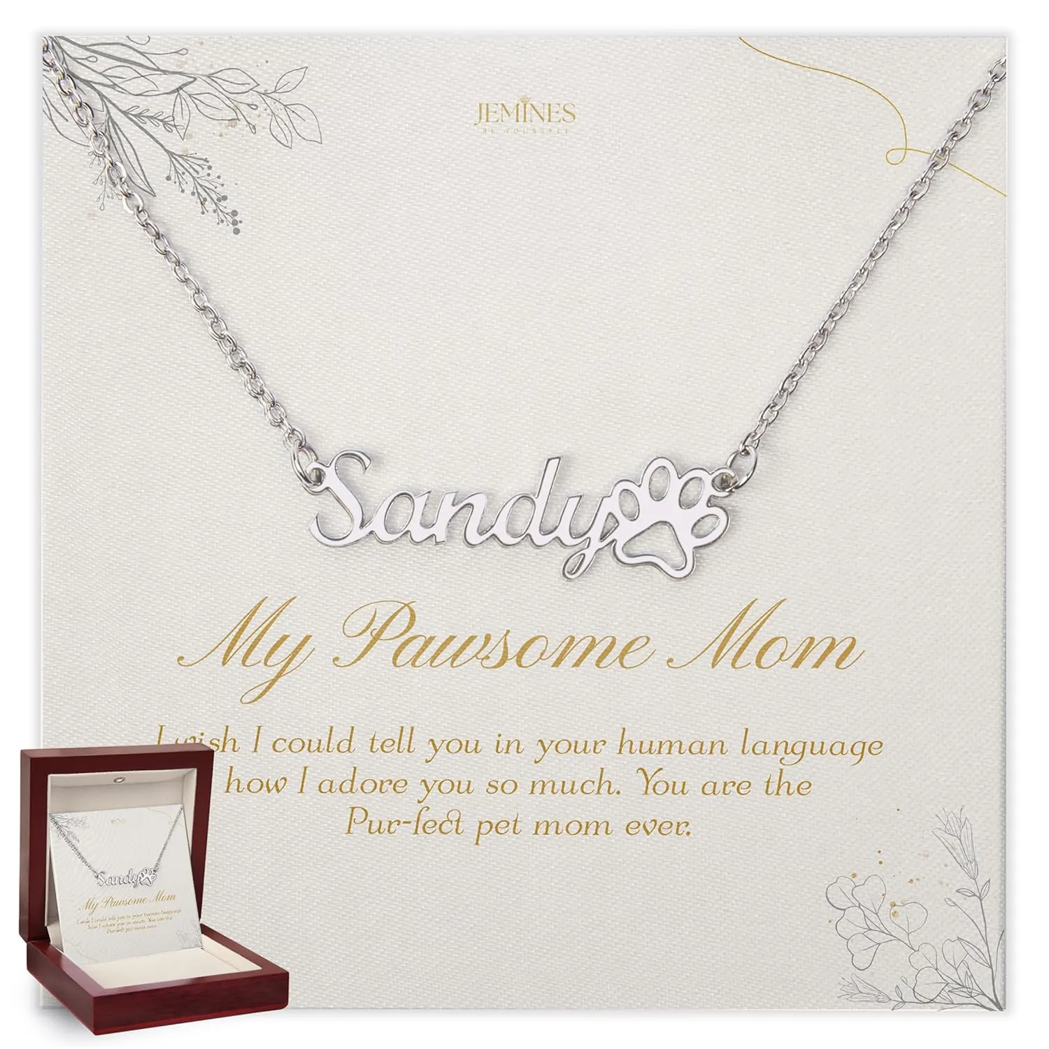 Customized Name Paw Print Necklace with Message Card Mahogany Elegant Jewelry Box Gift - A Symbol of Special Bond with Pet
