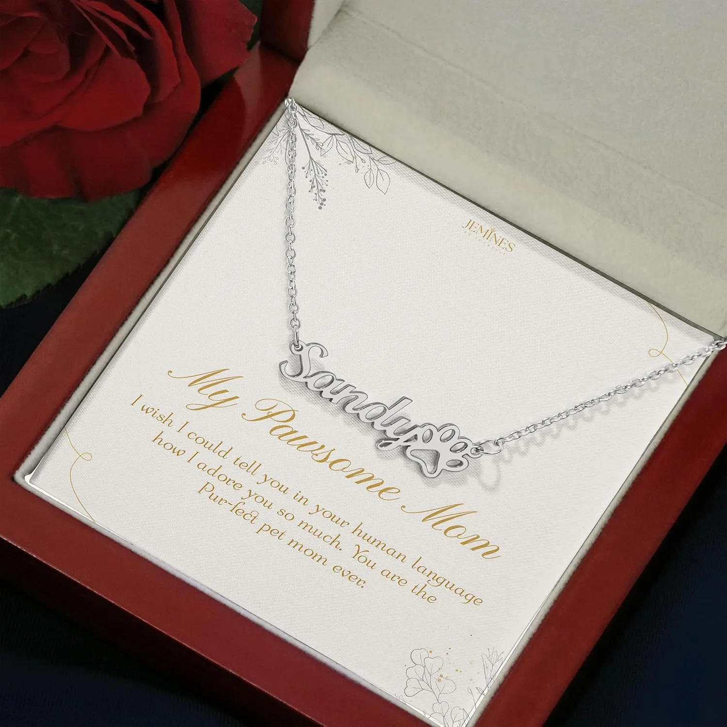 Customized Name Paw Print Necklace with Message Card Mahogany Elegant Jewelry Box Gift - A Symbol of Special Bond with Pet