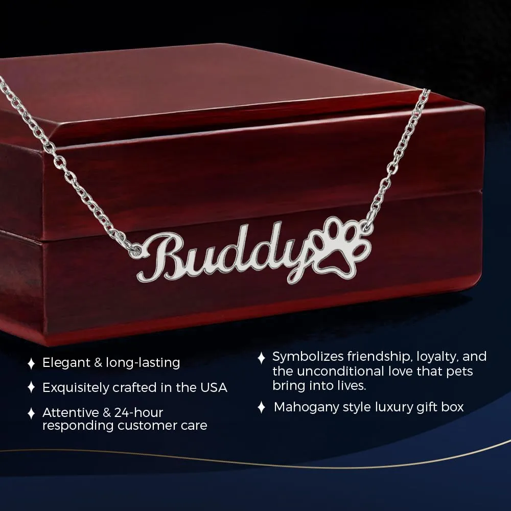 Customized Name Paw Print Necklace with Message Card Mahogany Elegant Jewelry Box Gift - A Symbol of Special Bond with Pet