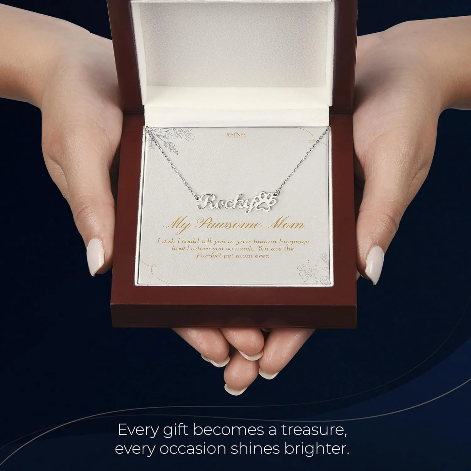 Customized Name Paw Print Necklace with Message Card Mahogany Elegant Jewelry Box Gift - A Symbol of Special Bond with Pet