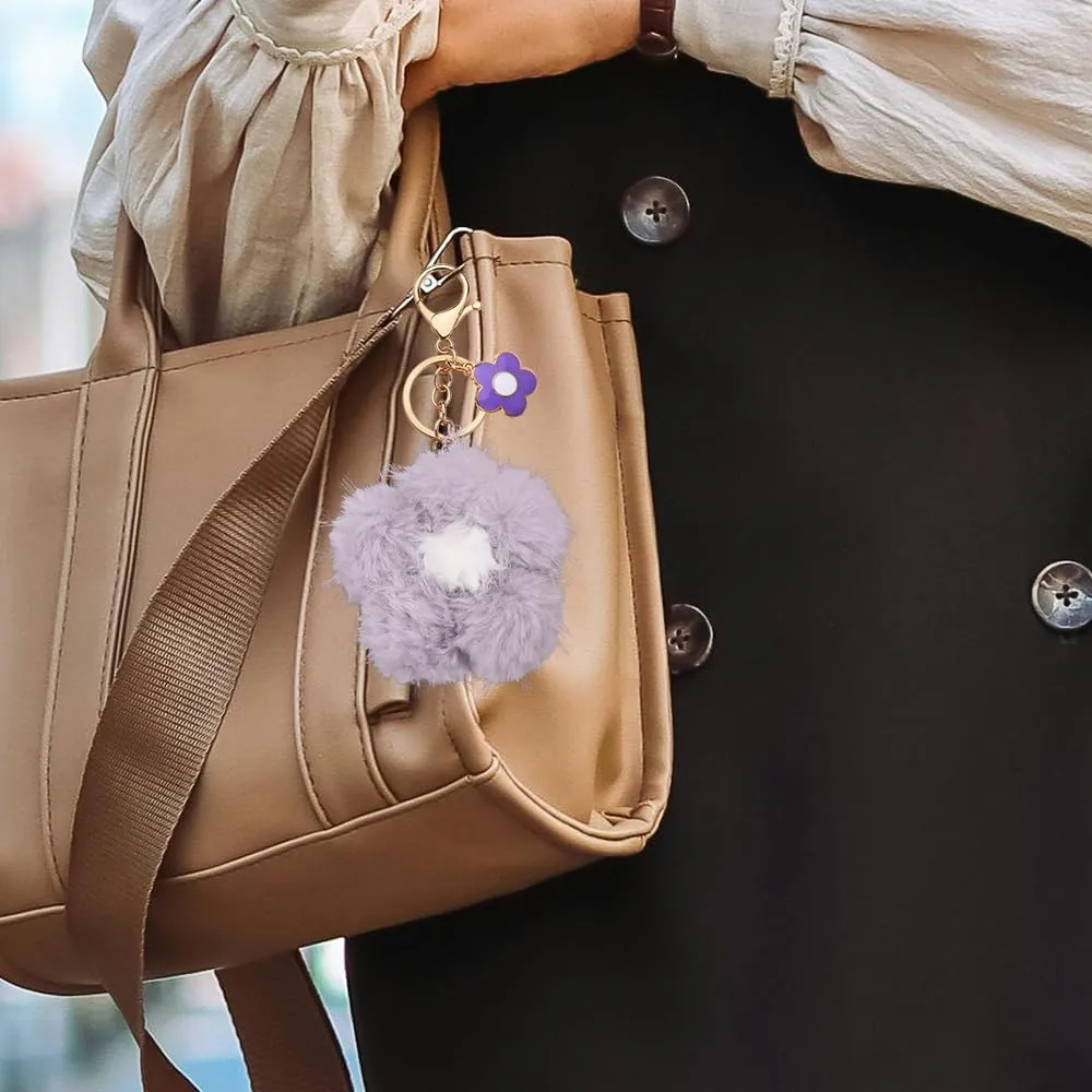 Cute Flower Plush Keychains for Backpacks Handbags Pom Pom Cherry Blossom Keychain Charm for Women Fluffy Fuzzy Key Chains