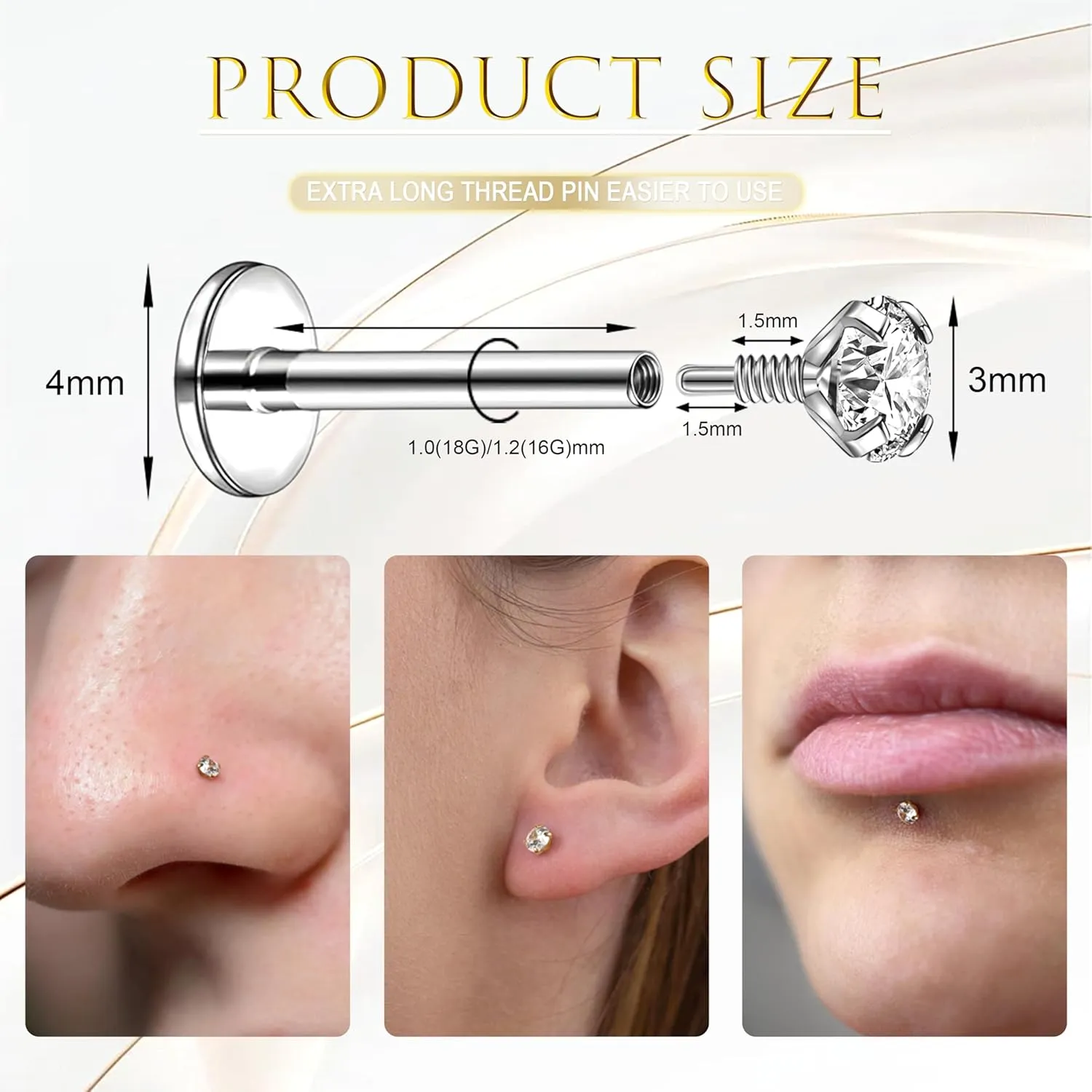 CZ Nose Rings Studs Flat Back Internal Thread Surgical Steel Hypoallergenic Nose Stud Piercing Jewelry for Nostril Tragus Helix Labret Piercings Nose Helix Medusa Lip for Women 8/10Pcs