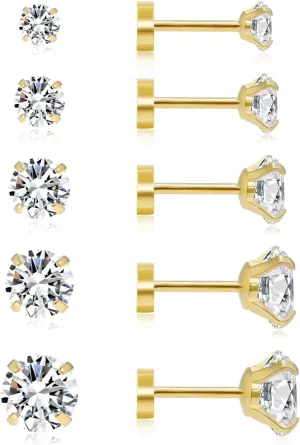 Dainty 6 Pairs Flat Back Earrings for Women, Lightweight 14K Gold Plated FlatBack Tiny CZ Stud Earrings for Cartilage, Helix, Lobe, Hypoallergenic