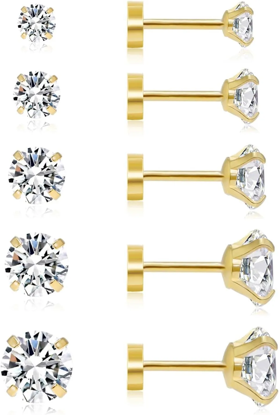 Dainty 6 Pairs Flat Back Earrings for Women, Lightweight 14K Gold Plated FlatBack Tiny CZ Stud Earrings for Cartilage, Helix, Lobe, Hypoallergenic