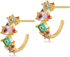 Dainty Colorful CZ Open Hoop Earrings for Women Boho Gold Plated Rainbow Cubic Zirconia Huggie Hoops Stud Hypoallergenic Fashion Jewelry Birthday Gift 18mm