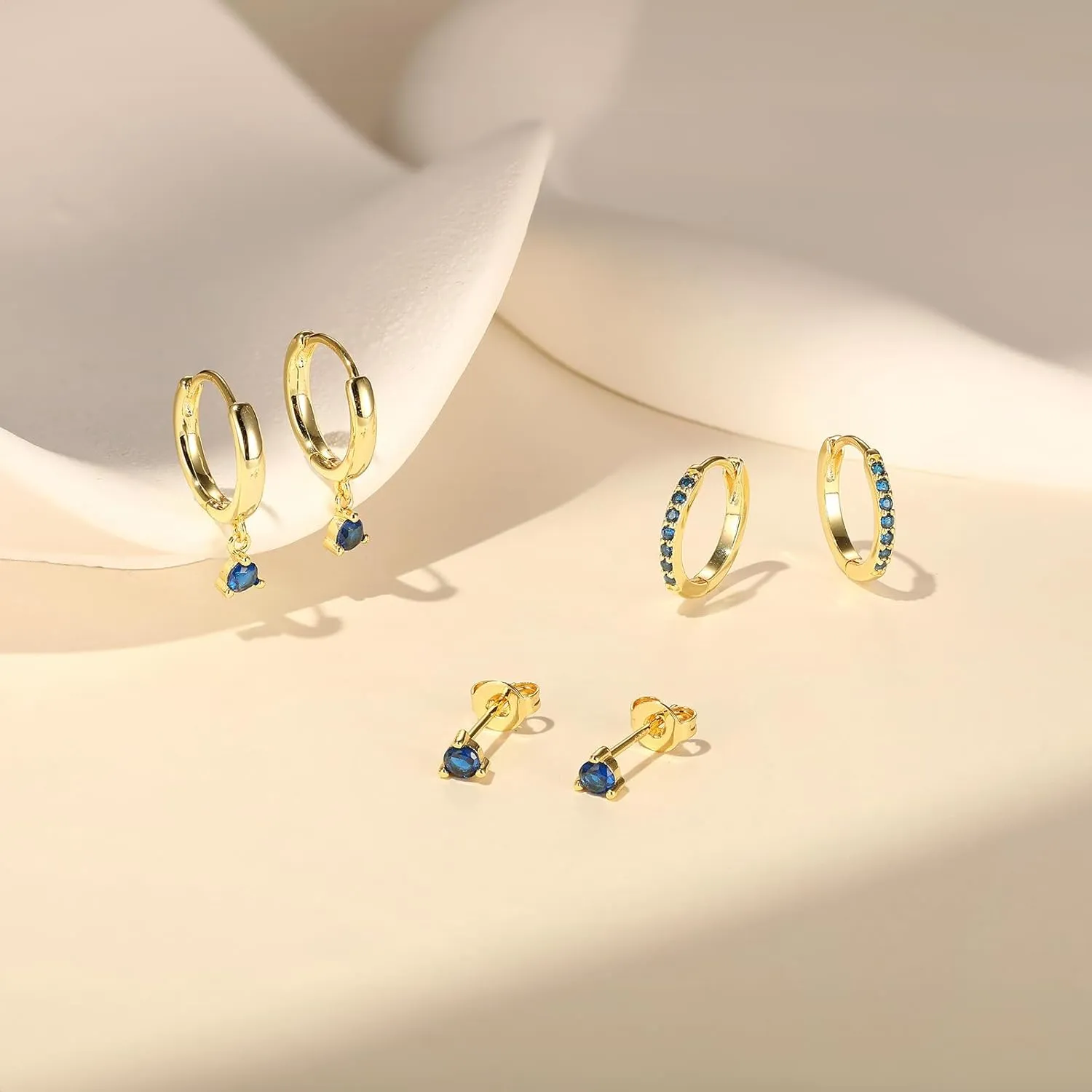 Dainty Hoop Earrings Set for Women, Gold Navy Blue | Shiny CZ Hoop Stud Earrings Set, 14K Gold Plated Jewelry Hypoallergenic Lightweight Trendy 2025