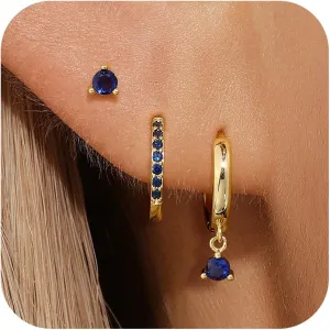 Dainty Hoop Earrings Set for Women, Gold Navy Blue | Shiny CZ Hoop Stud Earrings Set, 14K Gold Plated Jewelry Hypoallergenic Lightweight Trendy 2025