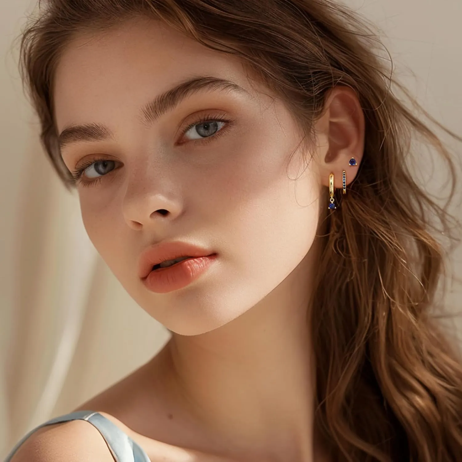 Dainty Hoop Earrings Set for Women, Gold Navy Blue | Shiny CZ Hoop Stud Earrings Set, 14K Gold Plated Jewelry Hypoallergenic Lightweight Trendy 2025
