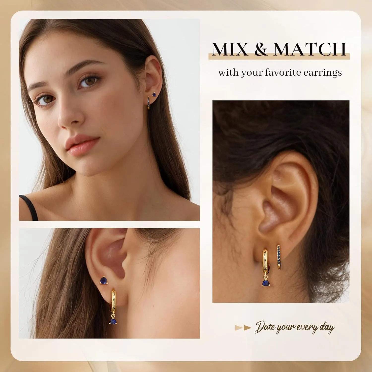 Dainty Hoop Earrings Set for Women, Gold Navy Blue | Shiny CZ Hoop Stud Earrings Set, 14K Gold Plated Jewelry Hypoallergenic Lightweight Trendy 2025