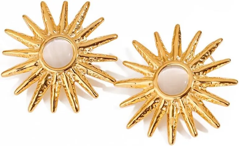 Dainty Tiny Sun Stud Earrings for Women Sensitive Ears Stainless Steel Minimalist Cat's Eye Stone Sunshine Statement Piercing Studs Fashion Hypoallergenic Anniversary Jewelry Gifts for Best Friend