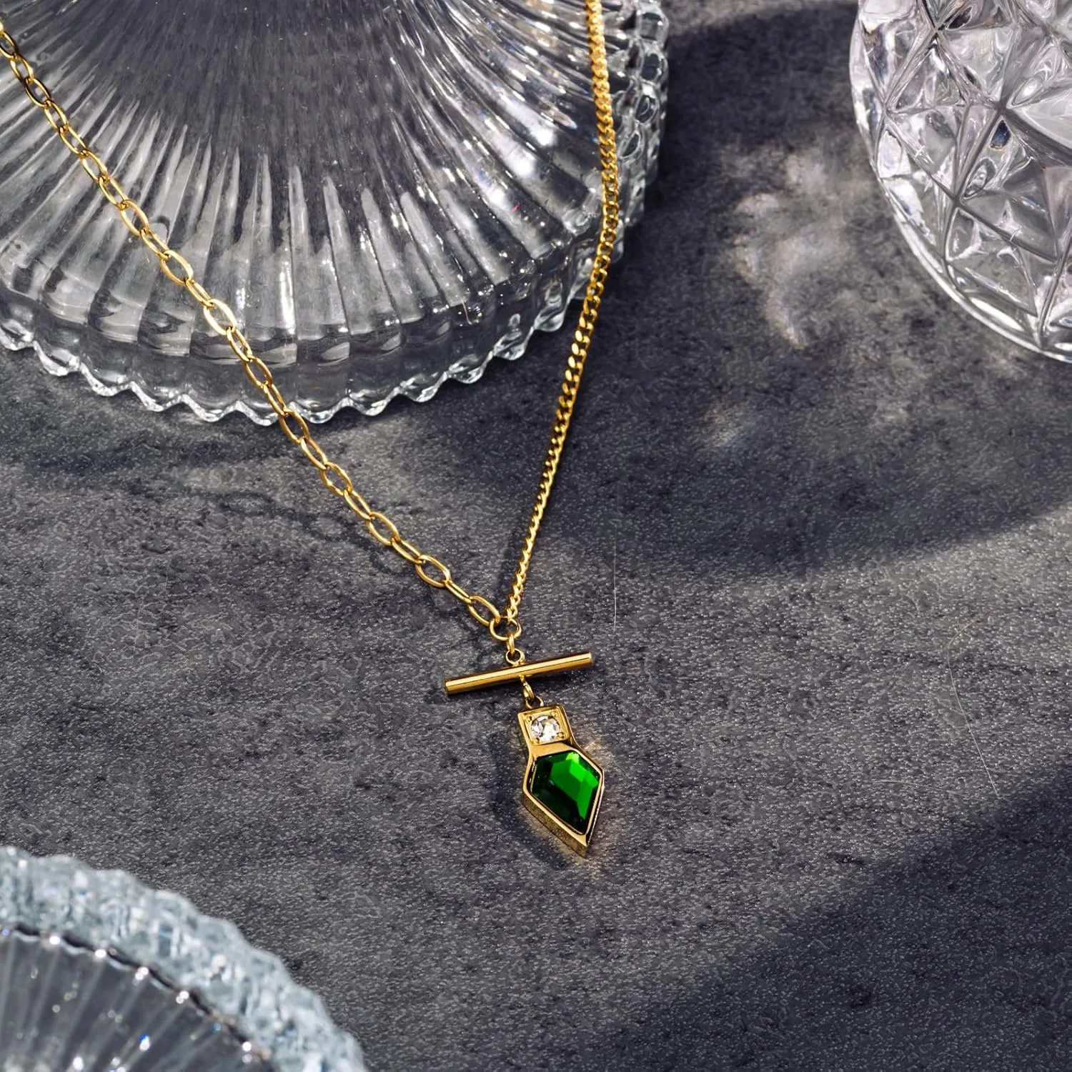 DASIQI Colorful Heart Cubic Zirconia Pendant Necklace, Gold Stainless Steel Chain, Women Asymmetric Chain,18 inches, Red Green lavender