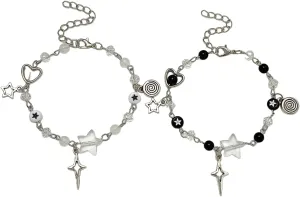 DATOA 2 Pcs Y2K Cool Punk Hollow Pentagram Beaded Couple Bracelet Handmade Guitar Gothic Star Pendant Bracelet for Couples Friends BFF Jewelry Gifts