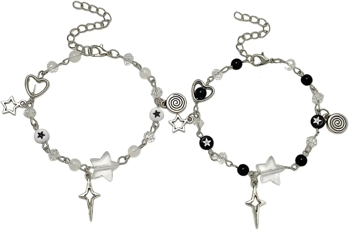 DATOA 2 Pcs Y2K Cool Punk Hollow Pentagram Beaded Couple Bracelet Handmade Guitar Gothic Star Pendant Bracelet for Couples Friends BFF Jewelry Gifts