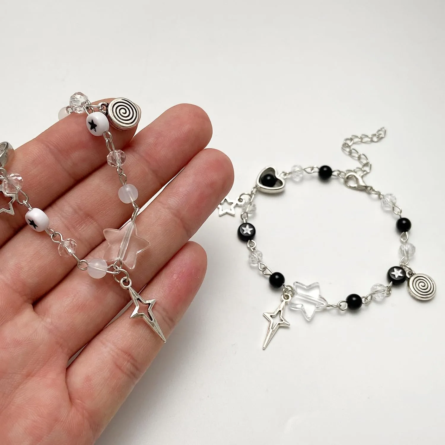 DATOA 2 Pcs Y2K Cool Punk Hollow Pentagram Beaded Couple Bracelet Handmade Guitar Gothic Star Pendant Bracelet for Couples Friends BFF Jewelry Gifts