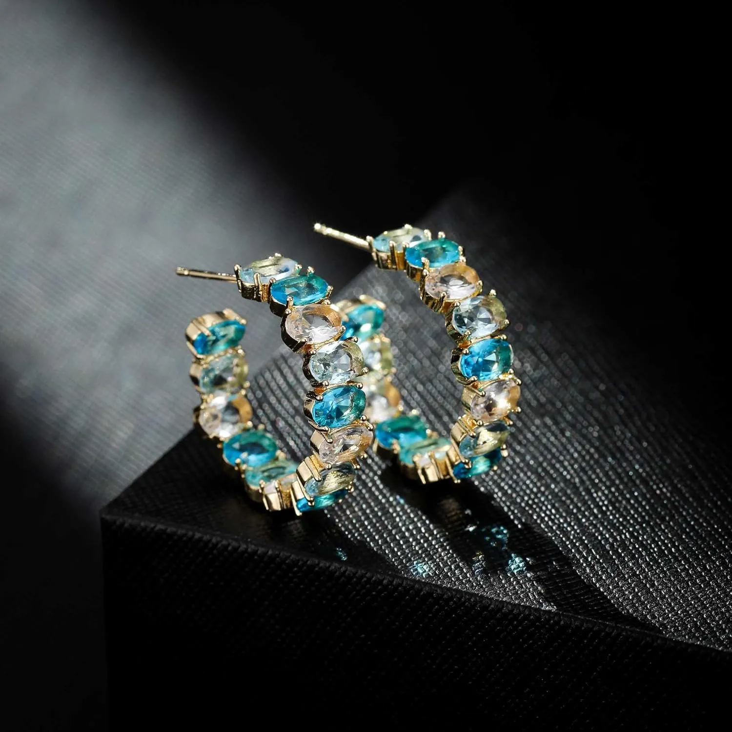 Dazzling Multicolor Austrian Crystal 14K Gold Plated Hoop Earrings for Women Fashion Hypoallergenic Jewelry Gift