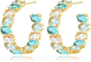 Dazzling Multicolor Austrian Crystal 14K Gold Plated Hoop Earrings for Women Fashion Hypoallergenic Jewelry Gift