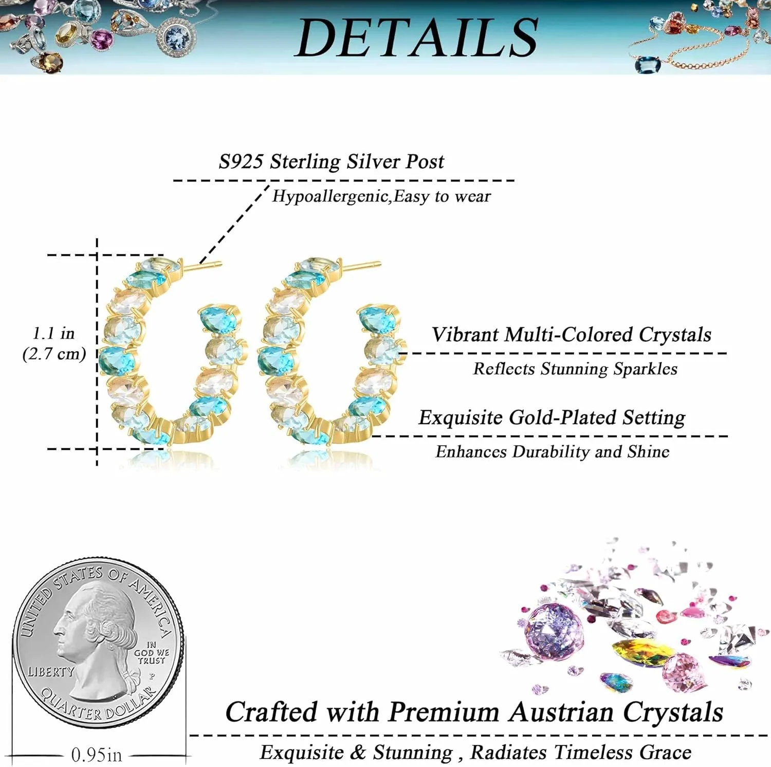 Dazzling Multicolor Austrian Crystal 14K Gold Plated Hoop Earrings for Women Fashion Hypoallergenic Jewelry Gift