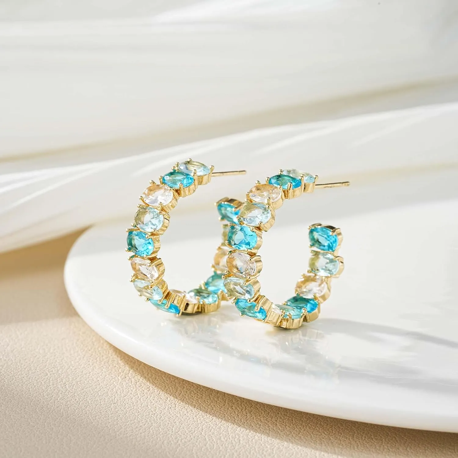 Dazzling Multicolor Austrian Crystal 14K Gold Plated Hoop Earrings for Women Fashion Hypoallergenic Jewelry Gift