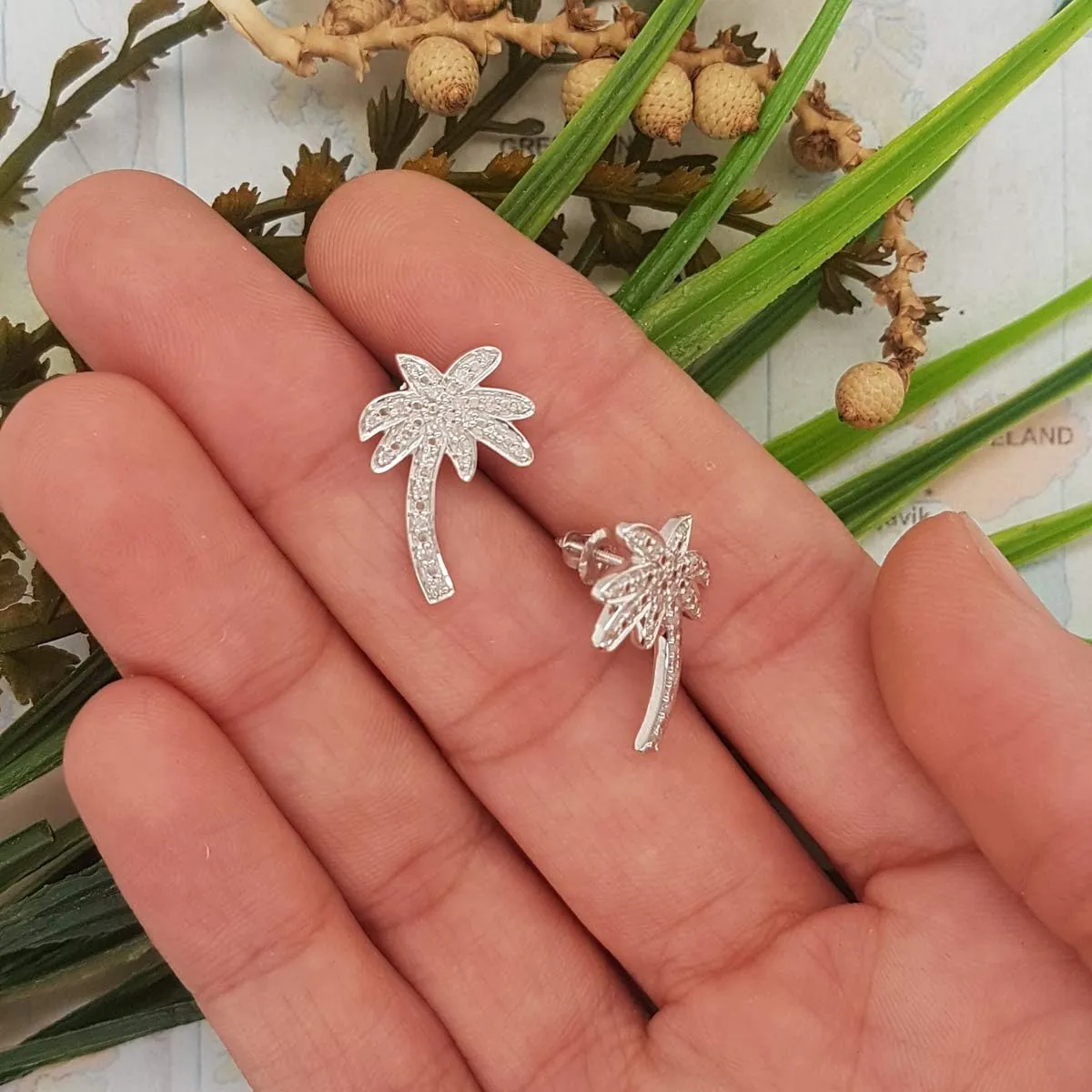 Dazzlingrock Collection Ladies Palm Tree Stud Earrings, Available in Various Round Diamonds & metal in 925 Sterling Silver