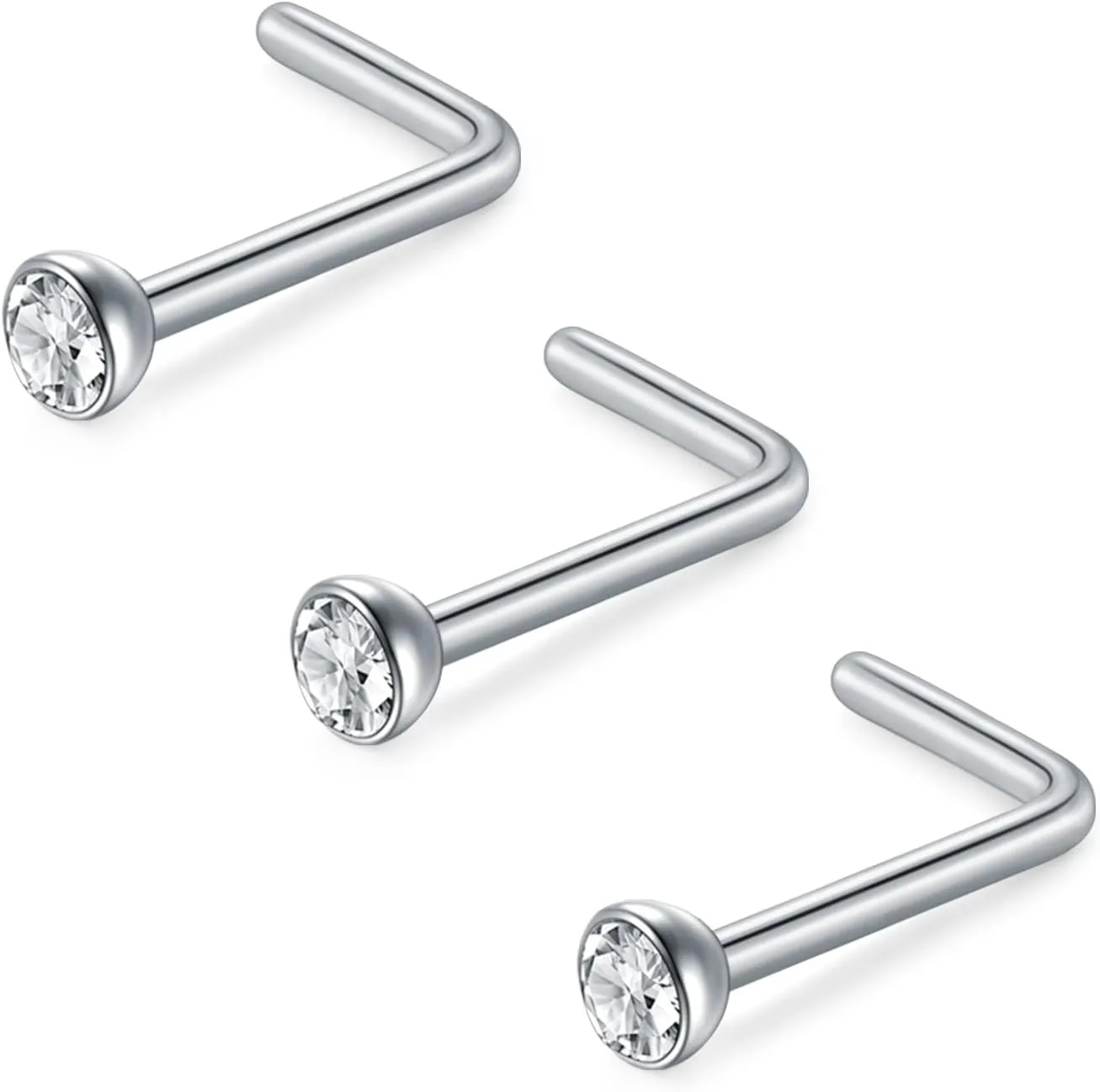 D.Bella 16G 18G 20G 22G L Shaped Nose Studs Surgical Steel 1.5mm 2mm 2.5mm 3mm Clear Colorful Diamond CZ Nose Rings Studs Nose Rings for Women Nose Nostril Piercing Jewerly Silver Gold Rose Gold Black