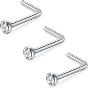 D.Bella 16G 18G 20G 22G L Shaped Nose Studs Surgical Steel 1.5mm 2mm 2.5mm 3mm Clear Colorful Diamond CZ Nose Rings Studs Nose Rings for Women Nose Nostril Piercing Jewerly Silver Gold Rose Gold Black