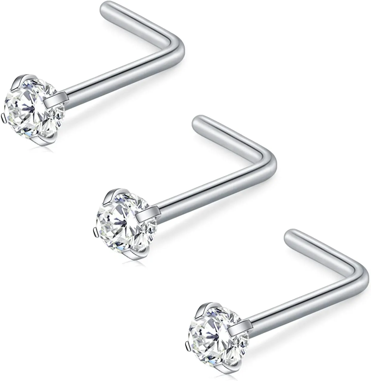 D.Bella 16G 18G 20G 22G L Shaped Nose Studs Surgical Steel 1.5mm 2mm 2.5mm 3mm Clear Colorful Diamond CZ Nose Rings Studs Nose Rings for Women Nose Nostril Piercing Jewerly Silver Gold Rose Gold Black