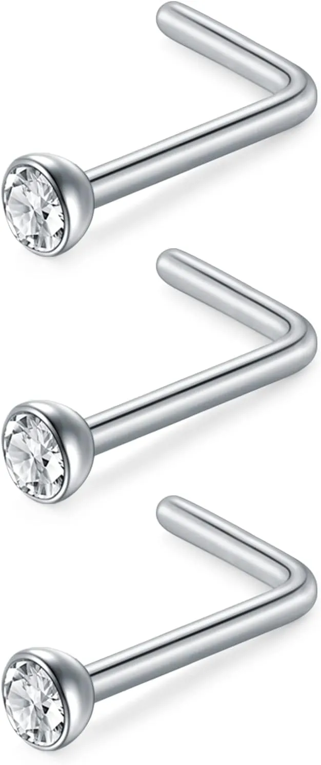D.Bella 16G 18G 20G 22G L Shaped Nose Studs Surgical Steel 1.5mm 2mm 2.5mm 3mm Clear Colorful Diamond CZ Nose Rings Studs Nose Rings for Women Nose Nostril Piercing Jewerly Silver Gold Rose Gold Black
