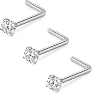 D.Bella 16G 18G 20G 22G L Shaped Nose Studs Surgical Steel 1.5mm 2mm 2.5mm 3mm Clear Colorful Diamond CZ Nose Rings Studs Nose Rings for Women Nose Nostril Piercing Jewerly Silver Gold Rose Gold Black