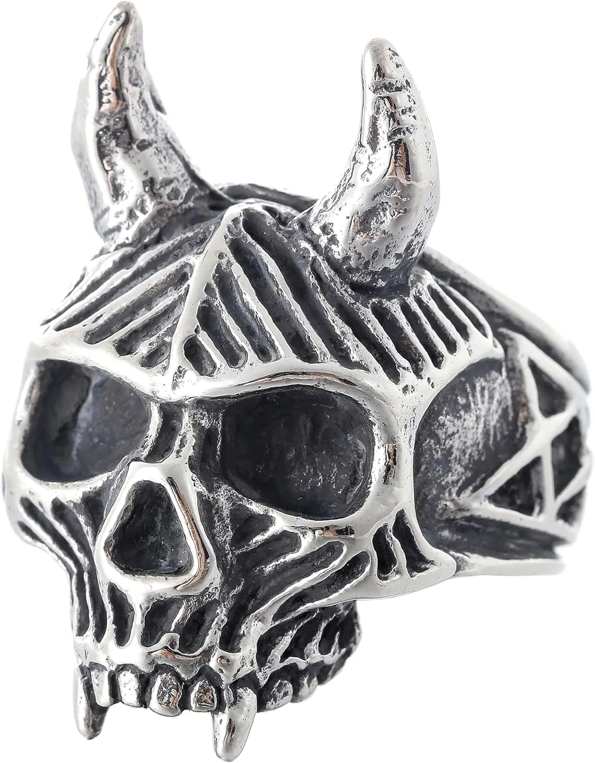 Demon Head Skull Ring Big Horned Stainless Steel Biker Jewelry Ring Men